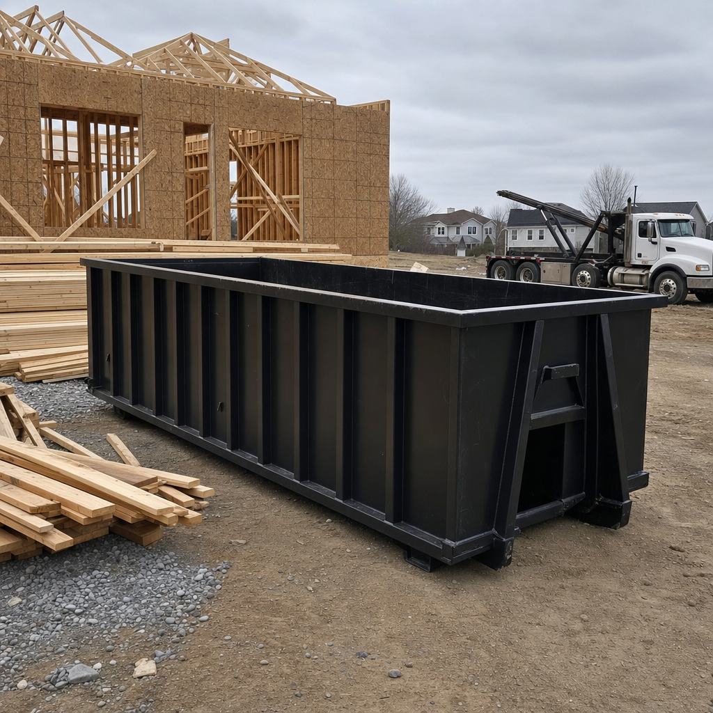 Matte-black 40-yard roll-off dumpster staged on a framed-out residential construction site in Marysville, framing lumber stacked nearby, hooklift delivery truck visible in the background under bright Colorado daylight
