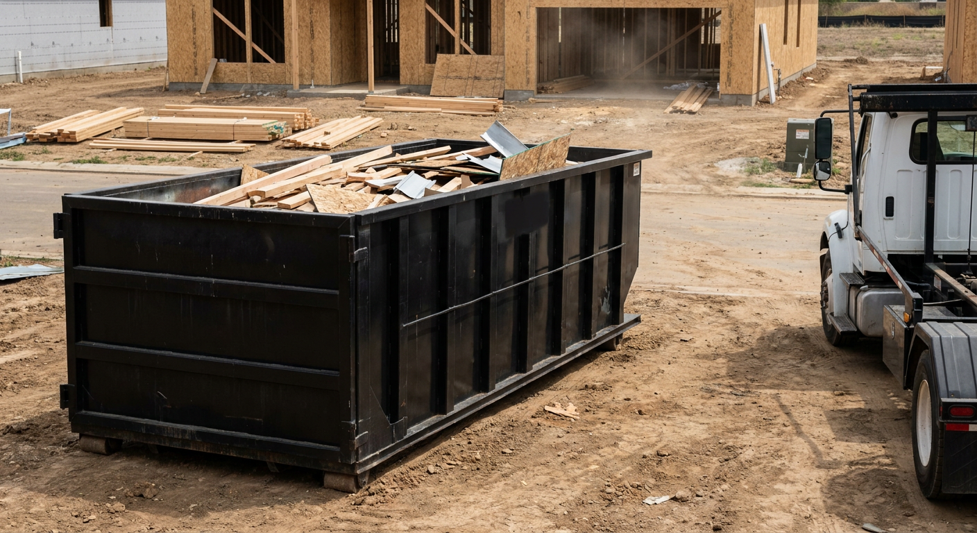 Matte-black 20-yard roll-off construction dumpster with heavy ribbed steel sidewalls and swing rear doors at a working jobsite in Marysville, sitting directly on compacted dirt with an unmarked white hauler partially visible at the far edge of the frame.