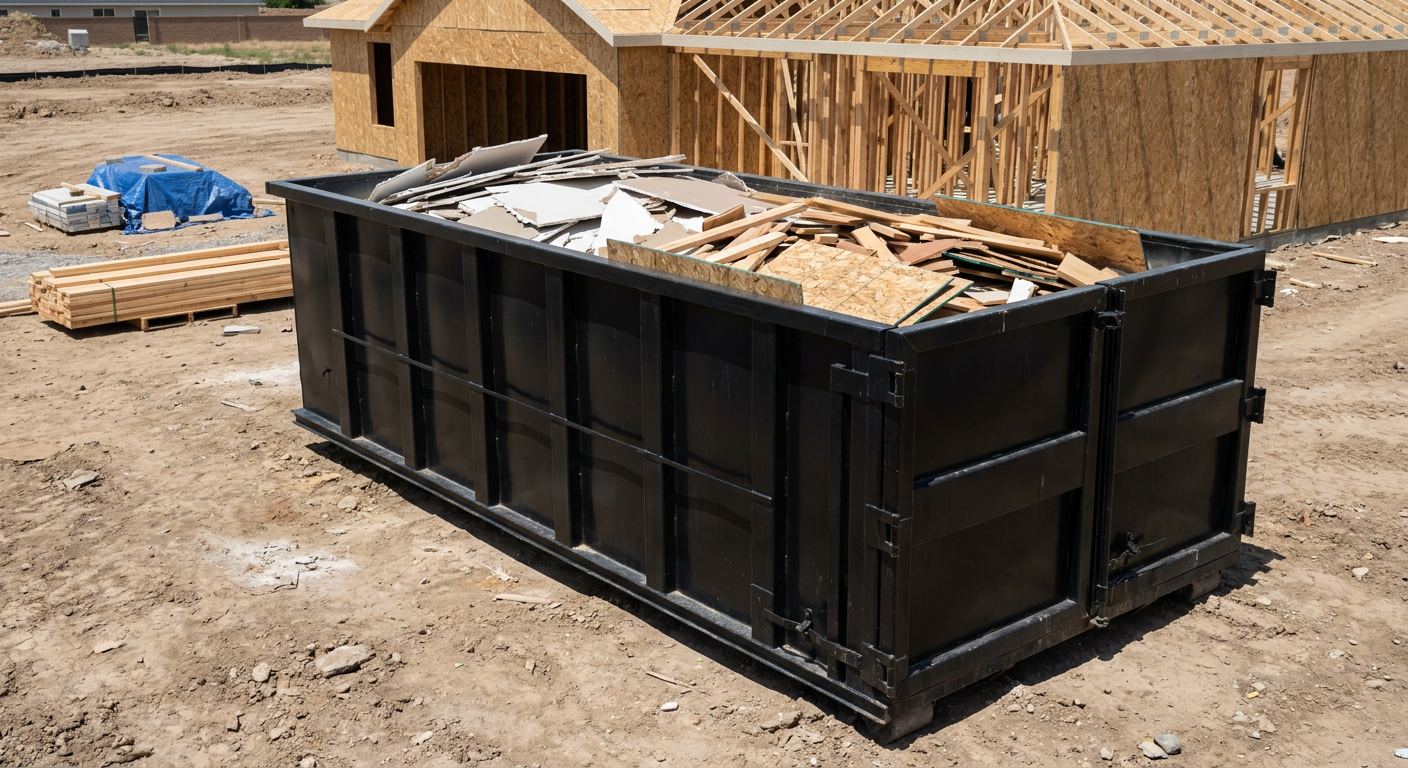 Matte-black 30-yard roll-off construction dumpster sitting directly on the compacted-dirt site of a framed single-family home build in Marysville, drywall and lumber scrap loaded inside.