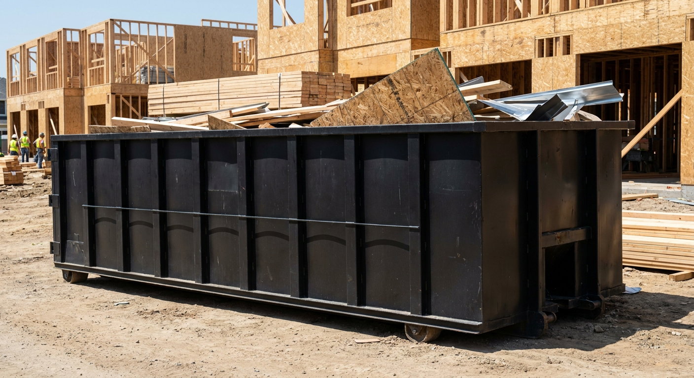 Matte-black 40-yard roll-off construction dumpster being lowered from a white-cab hooklift delivery truck onto the compacted-dirt jobsite at a commercial build site in Marysville