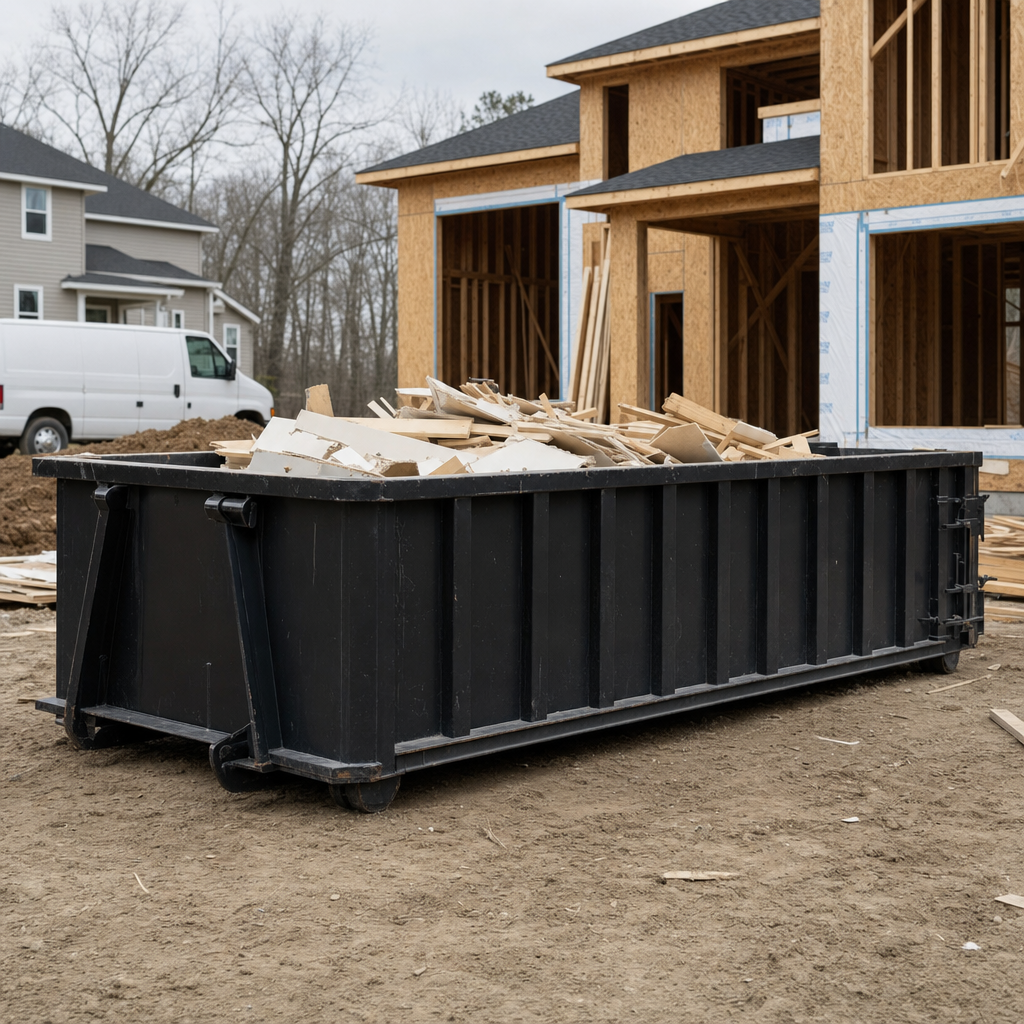 Worker in a yellow high-visibility vest tossing framing lumber and broken drywall into a matte-black 30-yard construction roll-off dumpster on an active build site in Marysville, bright daylight