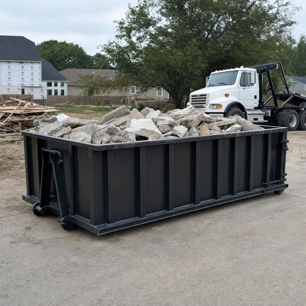 Low-profile matte-black lowboy roll-off dumpster loaded with broken concrete slab and rebar at a foundation tear-out in Marysville, skid steer parked beside it, sunny Colorado morning