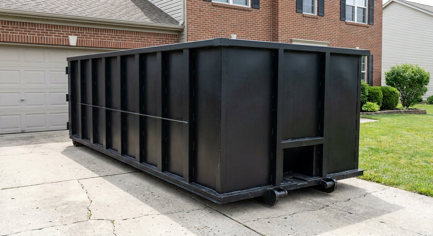 Matte-black 20-yard roll-off container on a Marysville residential concrete driveway with reinforced ribbed steel sidewalls and a hinged rear walk-in door, clean bright daylight.
