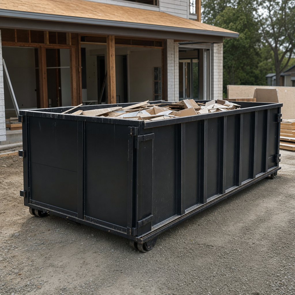 Large matte-black 30-yard construction roll-off dumpster at an active Marysville jobsite, steel-gray top rails and bottom rollers visible, loaded with construction debris.