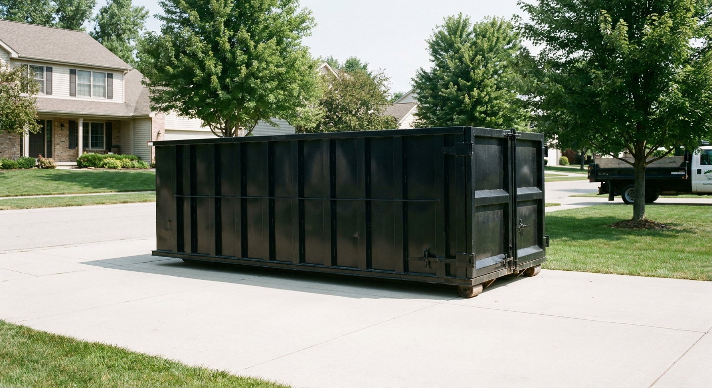 Matte-black 20-yard roll-off dumpster sitting level on a clean Marysville residential concrete driveway under bright daylight, demonstrating clean placement directly on the concrete.