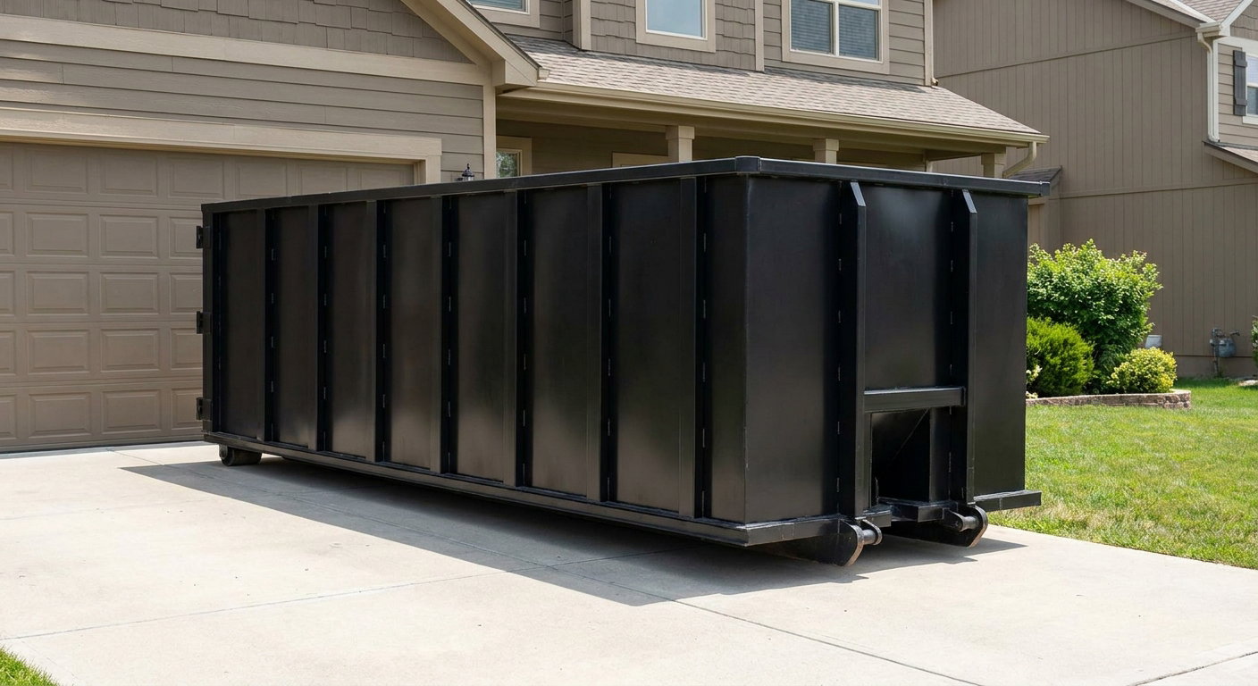 Matte-black residential roll-off dumpster sitting directly on a suburban Marysville concrete driveway, garage door closed, single-family home in background, bright morning daylight.