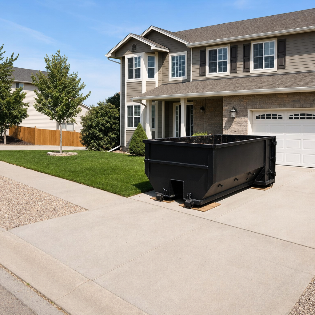 10-yard matte-black residential dumpster placed directly on a narrow Marysville concrete driveway, room remains for a parked sedan beside it, mid-morning natural light