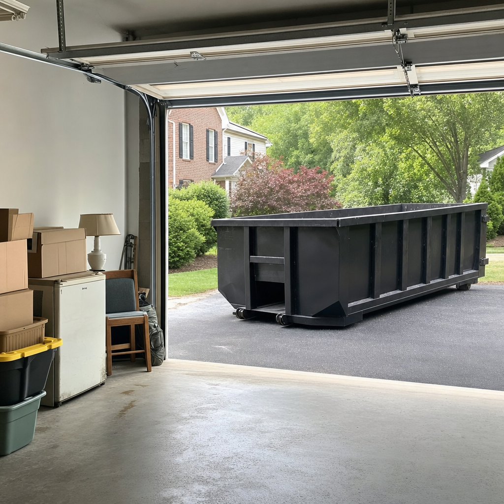 Open garage interior in a Marysville home mid-cleanout — boxed items, an old appliance, and stacked yard tools queued near the driveway for a matte-black roll-off dumpster, organized and calm