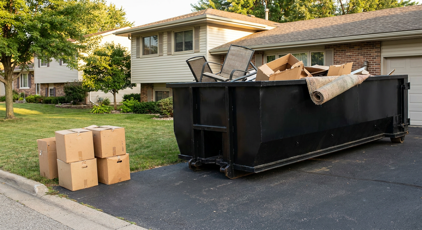 Front-yard view of a Marysville split-level home with a 20-yard matte-black roll-off dumpster sitting directly on the asphalt driveway, a few clearly labeled donation boxes staged at the curb, calm sunny afternoon.