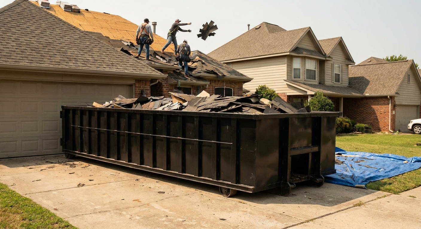 Matte-black roofing roll-off dumpster placed directly on a Marysville residential concrete driveway, a tear-off crew on a two-story asphalt-shingle roof tossing shingle bundles into the low-walled container, bright daylight, documentary 35mm perspective.