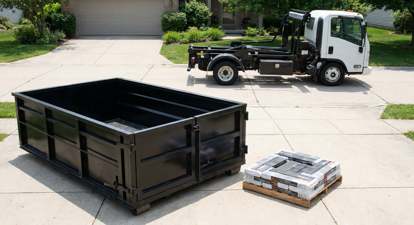 Matte-black 15-yard roofing roll-off dumpster with reinforced low side walls sitting directly on a Marysville residential concrete driveway, three-tab asphalt shingle bundles stacked nearby, an unmarked white hauler truck partially visible at the edge of the frame.