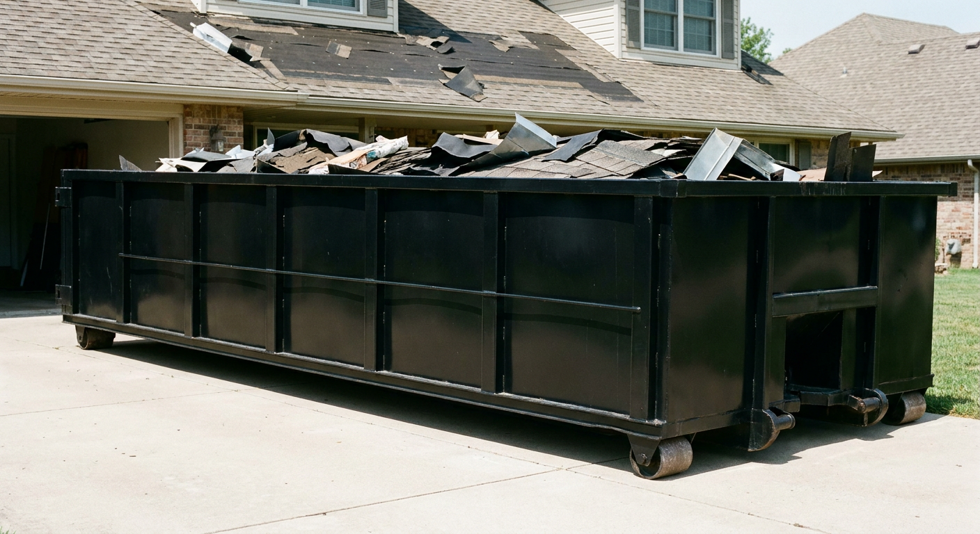 Matte-black 20-yard roofing roll-off dumpster with steel ribbed sides and swinging rear door, sitting directly on the concrete driveway of a two-story Marysville home, asphalt shingle debris being loaded over the low wall, clean documentary lighting.
