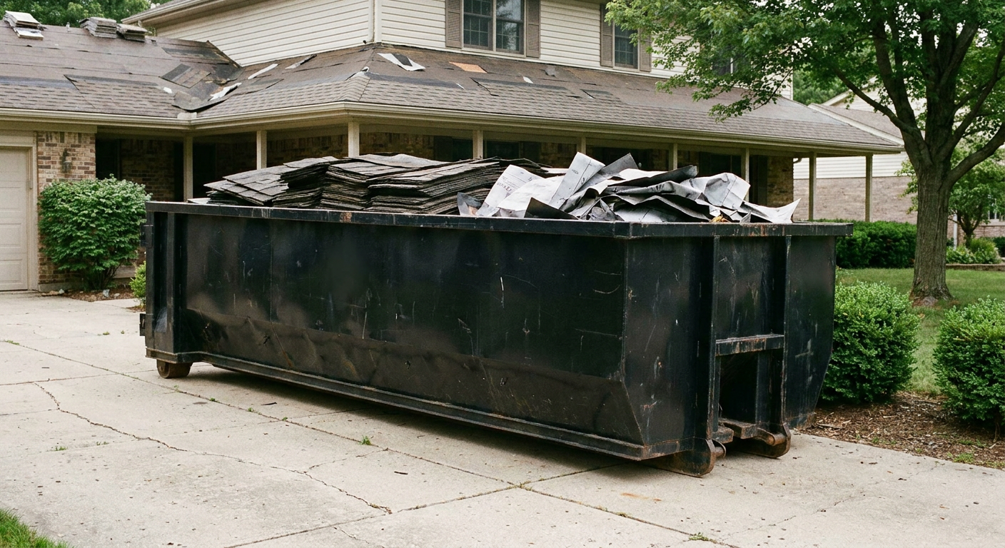 Matte-black 30-yard roofing roll-off dumpster sitting directly on a Marysville concrete driveway, taller ribbed steel side panels, mixed tear-off debris of asphalt shingles and underlayment inside, professional documentary daylight.