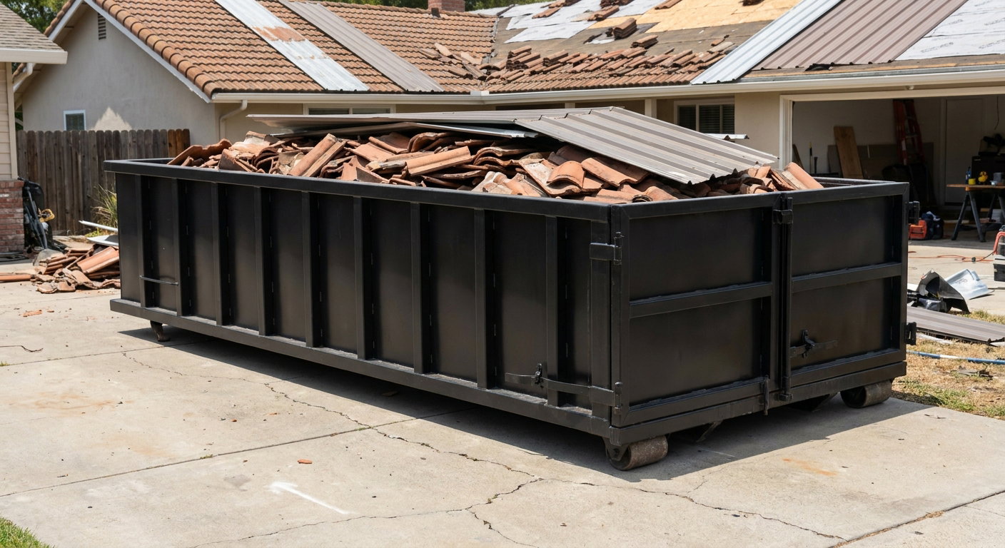 Matte-black low-wall heavy-debris roofing roll-off dumpster sitting directly on a Marysville concrete driveway, broken concrete clay roof tiles and metal panel sections loaded inside, reinforced ribbed steel side walls visible, bright outdoor daylight.
