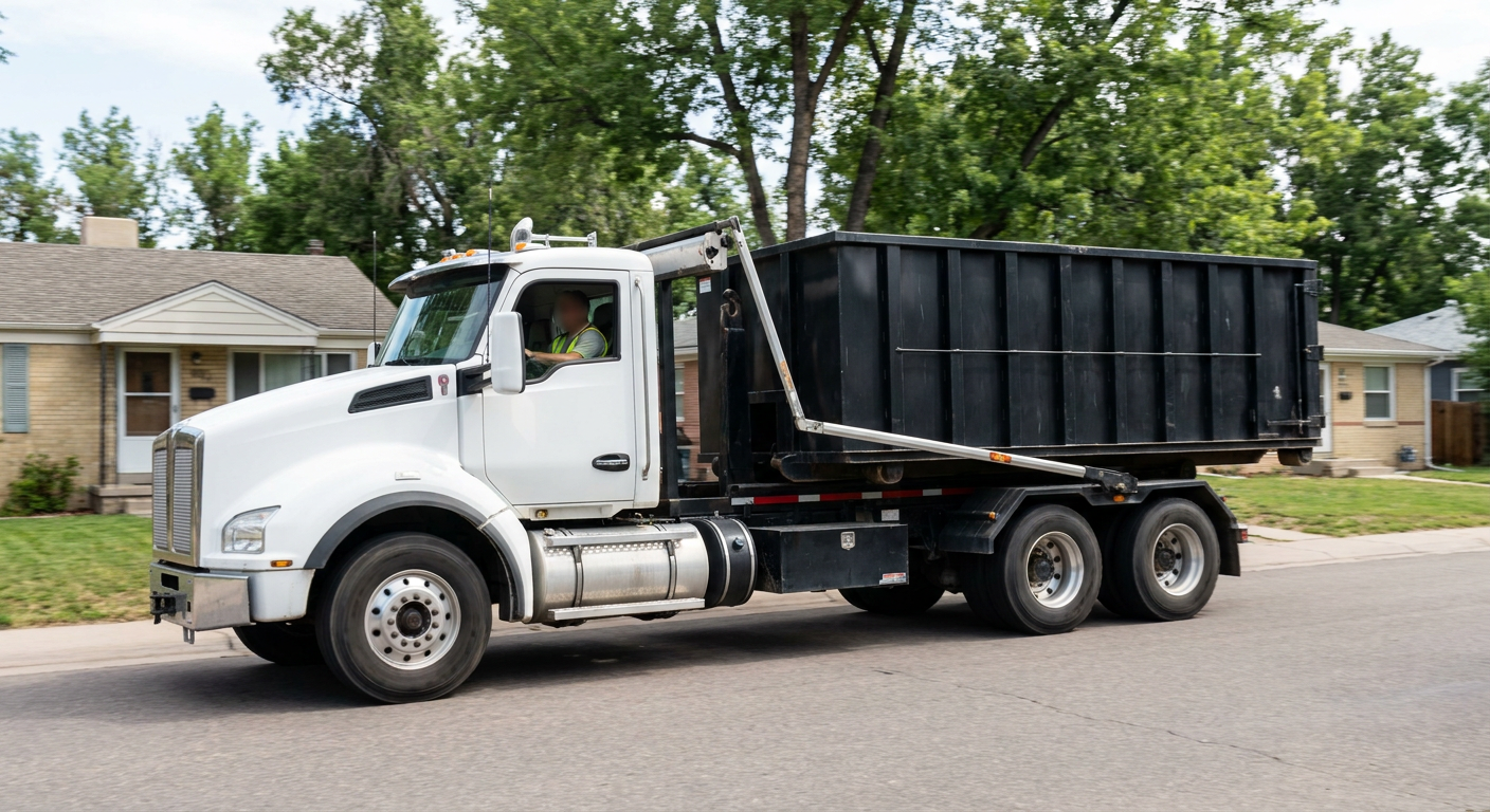 A wide documentary shot of a matte-black roll-off delivery truck pulling onto a quiet Marysville residential street at mid-morning, with neighborhood rooftops and tree-lined blocks visible behind, showing the metro coverage footprint.