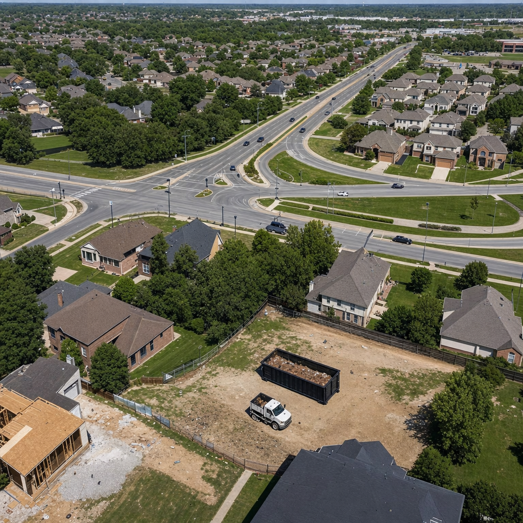 An overhead documentary view of the Marysville metro area at midday, showing the spread of neighborhoods, arterial roads, and the dispatch radius from a central yard — clean daylight, organized geographic layout.