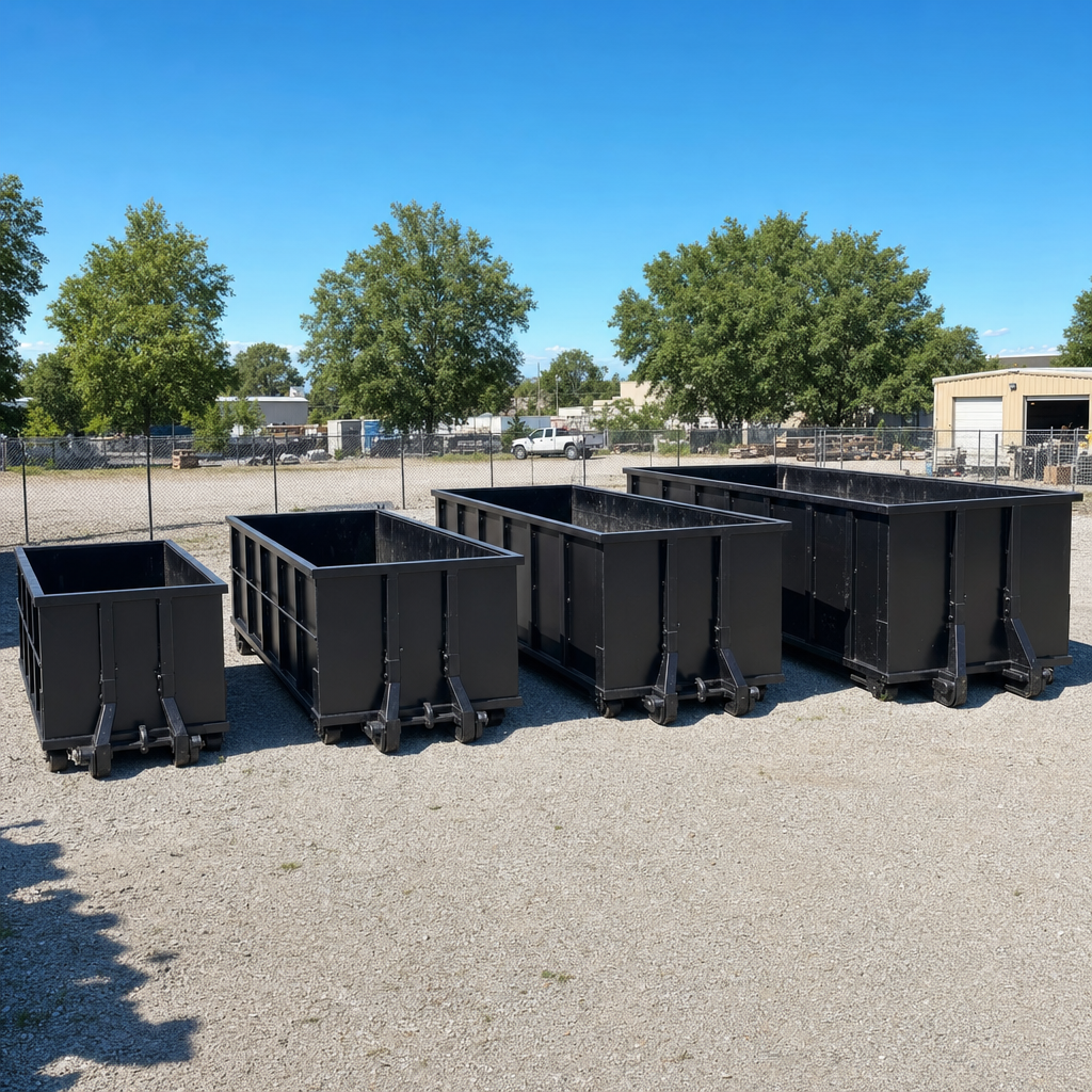 A clean lineup of matte-black roll-off dumpsters in 10, 20, 30, and 40-yard sizes staged on a sunlit gravel yard in Marysville, showing the size progression from compact to commercial-scale containers.
