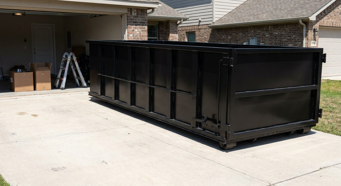 A matte-black 10-yard roll-off dumpster sitting directly on a residential Marysville concrete driveway, mid-day sunlight, clean and ready for a garage cleanout.