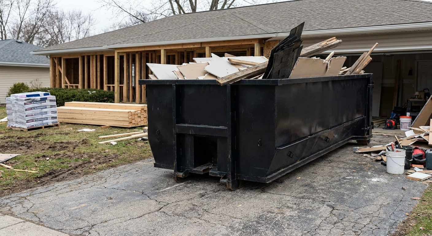 A matte-black 20-yard roll-off dumpster placed alongside a mid-renovation Marysville home directly on the asphalt driveway, with framing materials and torn-off shingles staged neatly nearby.