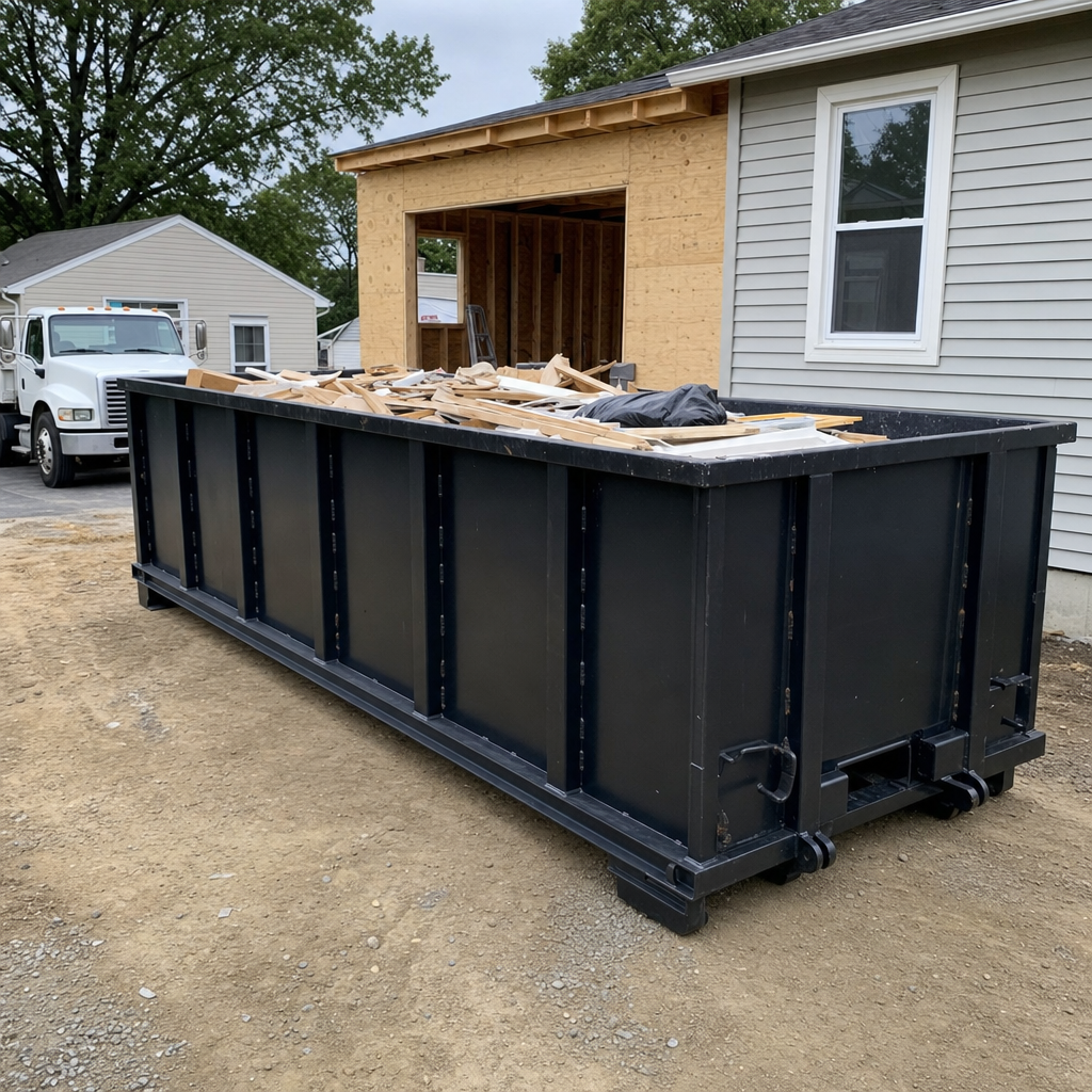 A matte-black 30-yard roll-off dumpster positioned at a Marysville residential addition jobsite, with framing lumber and drywall scraps loaded through the open swinging rear doors.
