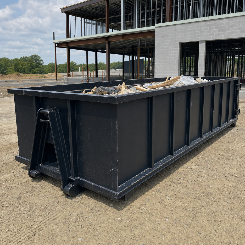 A matte-black 40-yard roll-off dumpster staged on a large Marysville commercial construction lot, with a hooklift delivery truck parked alongside under bright midday sky.