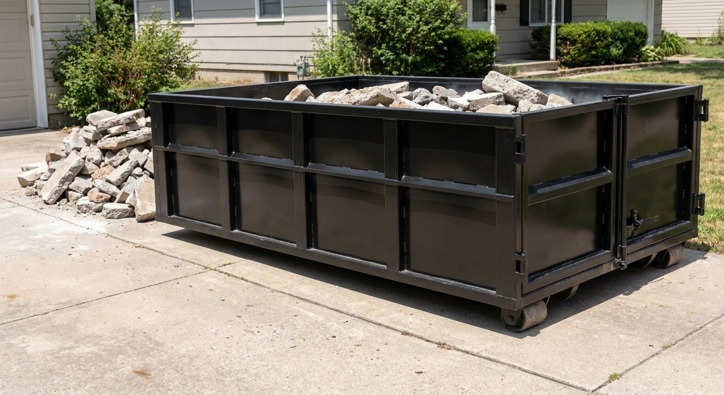 A matte-black low-side heavy-debris roll-off dumpster placed directly on a Marysville concrete driveway, with broken concrete chunks neatly stacked beside it under clean daylight.